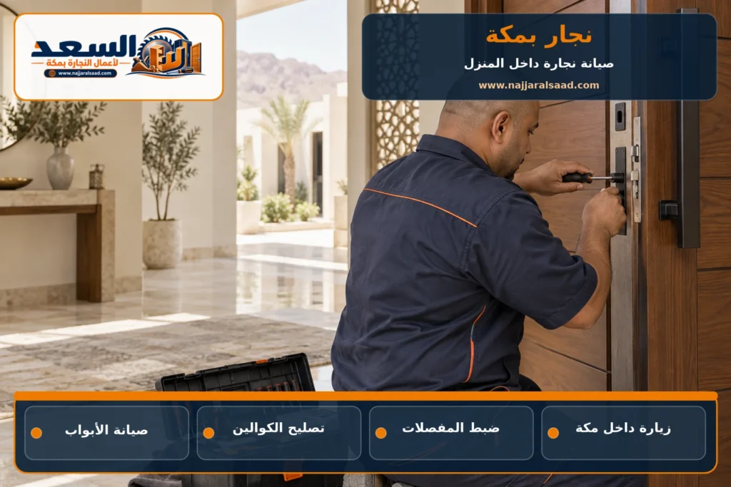 نجار بمكة يصلح كالون باب خشبي داخل منزل حديث