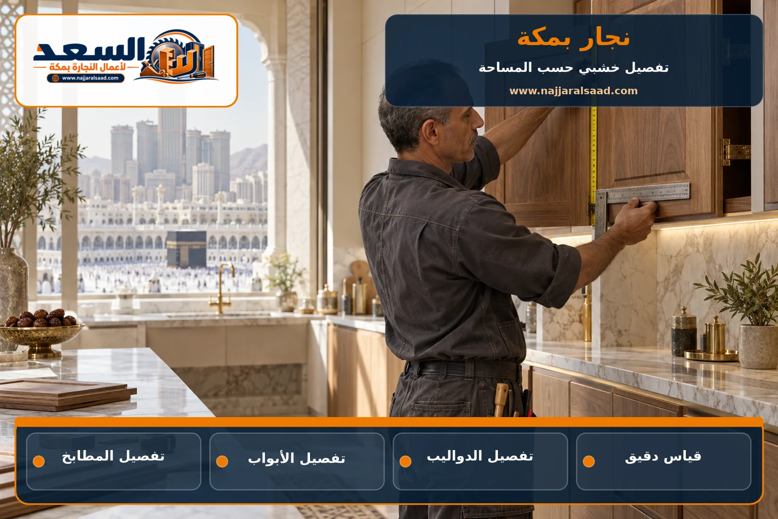 نجار بمكة يقيس خزائن مطبخ للتفصيل