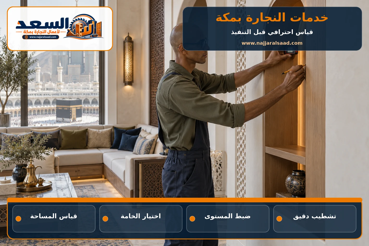 نجار يقيس وحدة خشبية مخصصة داخل مجلس بمكة