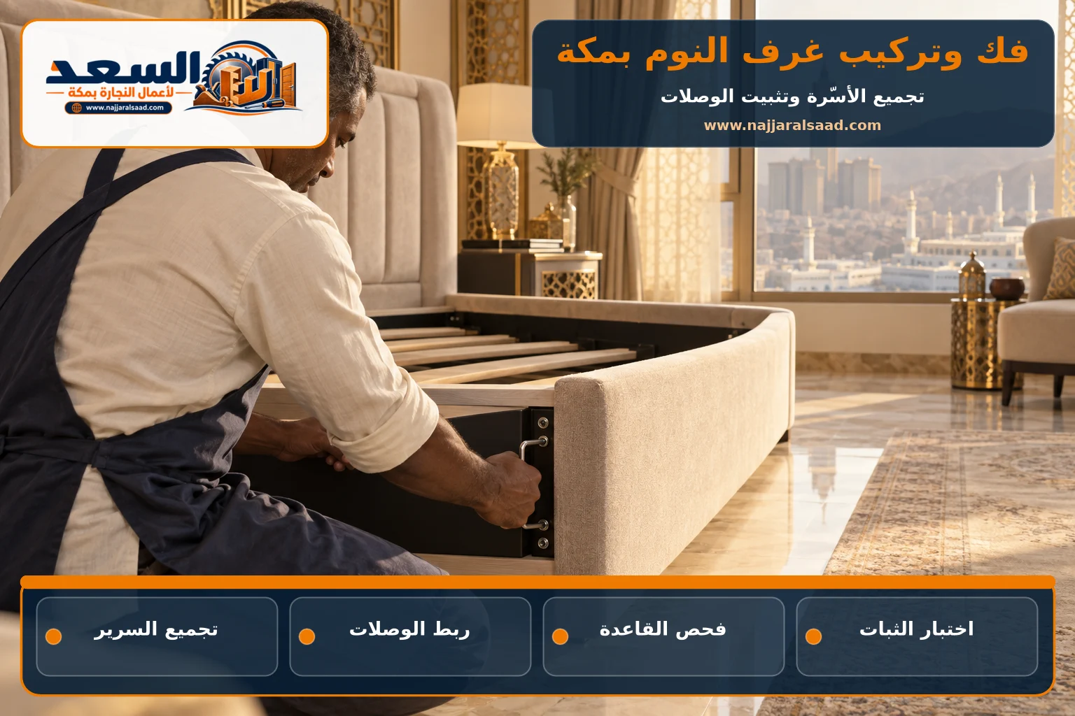 نجار يجمع سرير غرفة نوم ويثبت وصلاته بمكة