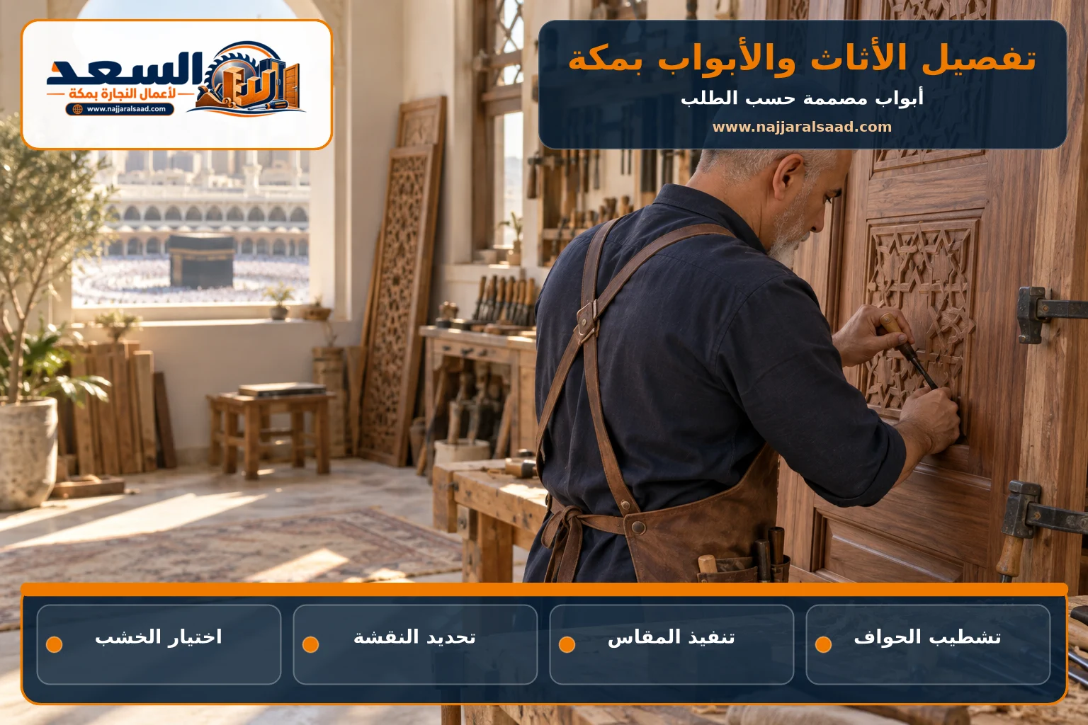 نجار يفصل بابًا خشبيًا مزخرفًا حسب الطلب بمكة