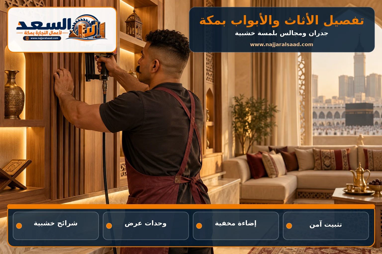 تركيب شرائح ووحدات خشبية داخل مجلس بمكة