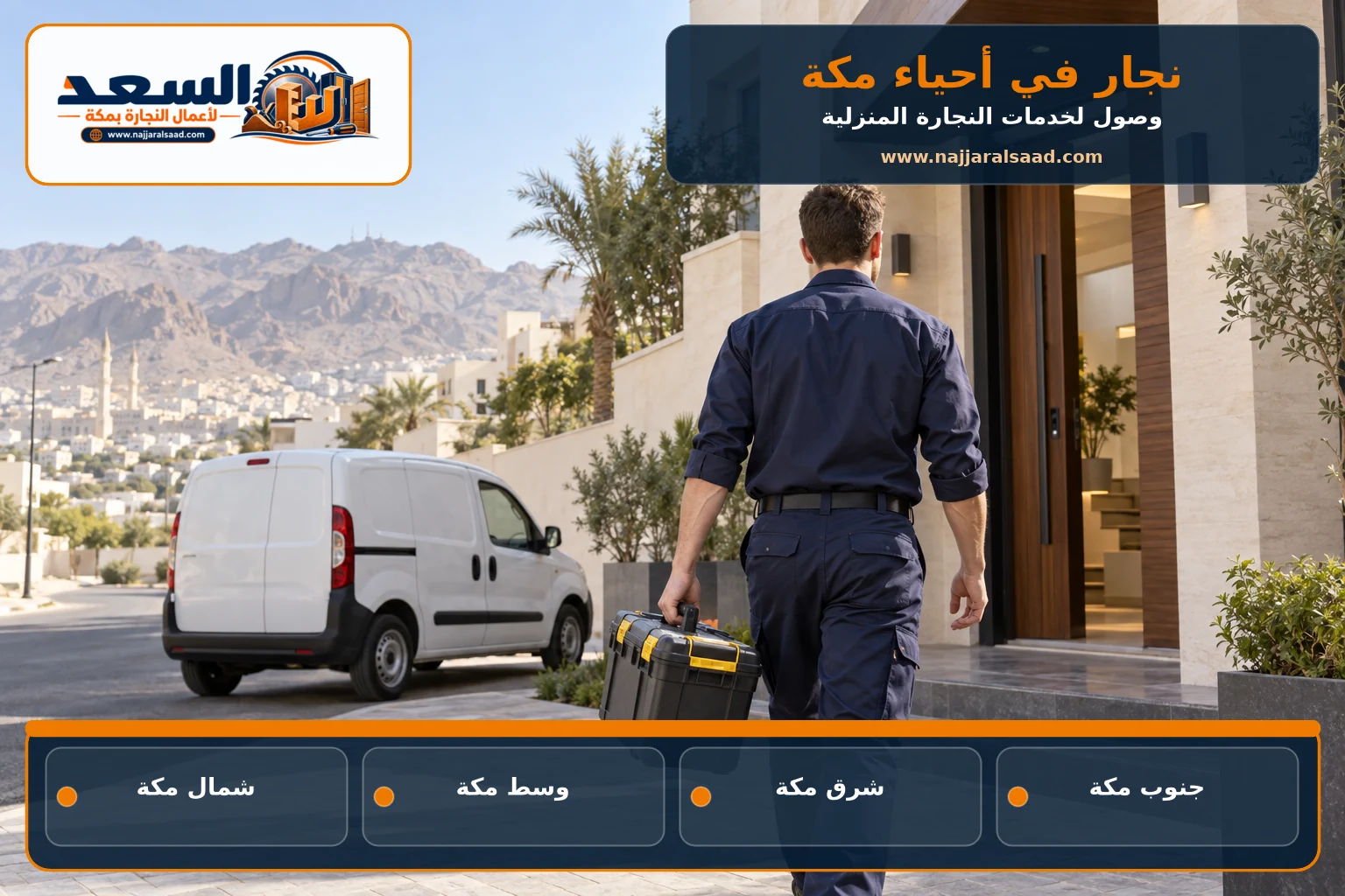 نجار يصل إلى منزل داخل أحد أحياء مكة لتنفيذ الصيانة