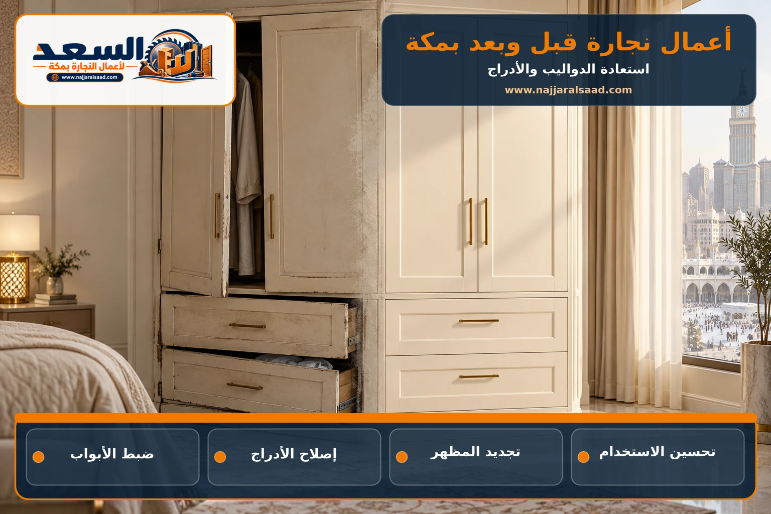 دولاب غرفة نوم قبل الصيانة وبعد الإصلاح بمكة