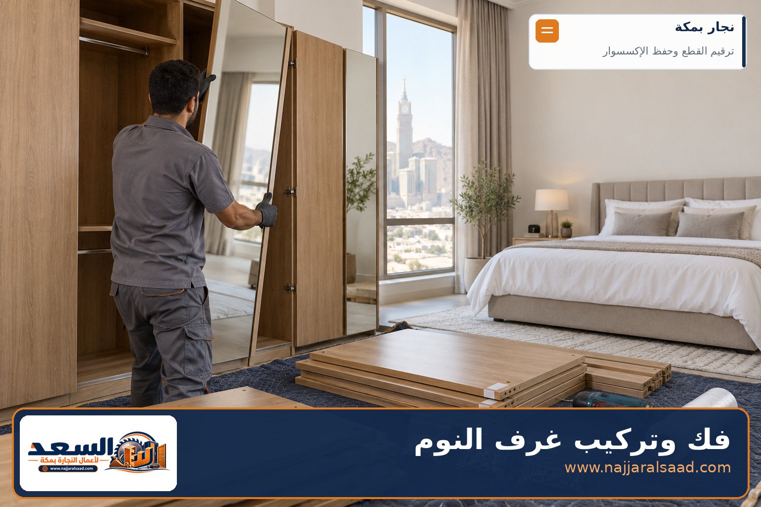 نجار بمكة يفك دولاب غرفة نوم ويرقّم الألواح ويحفظ المسامير في أكياس مرقمة - فك وتركيب غرف النوم