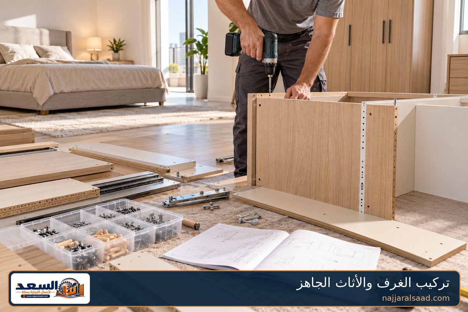 نجار بمكة يجمّع دولاب غرفة نوم جاهزة باستخدام دريل كهربائي مع فرز المسامير ودليل التركيب