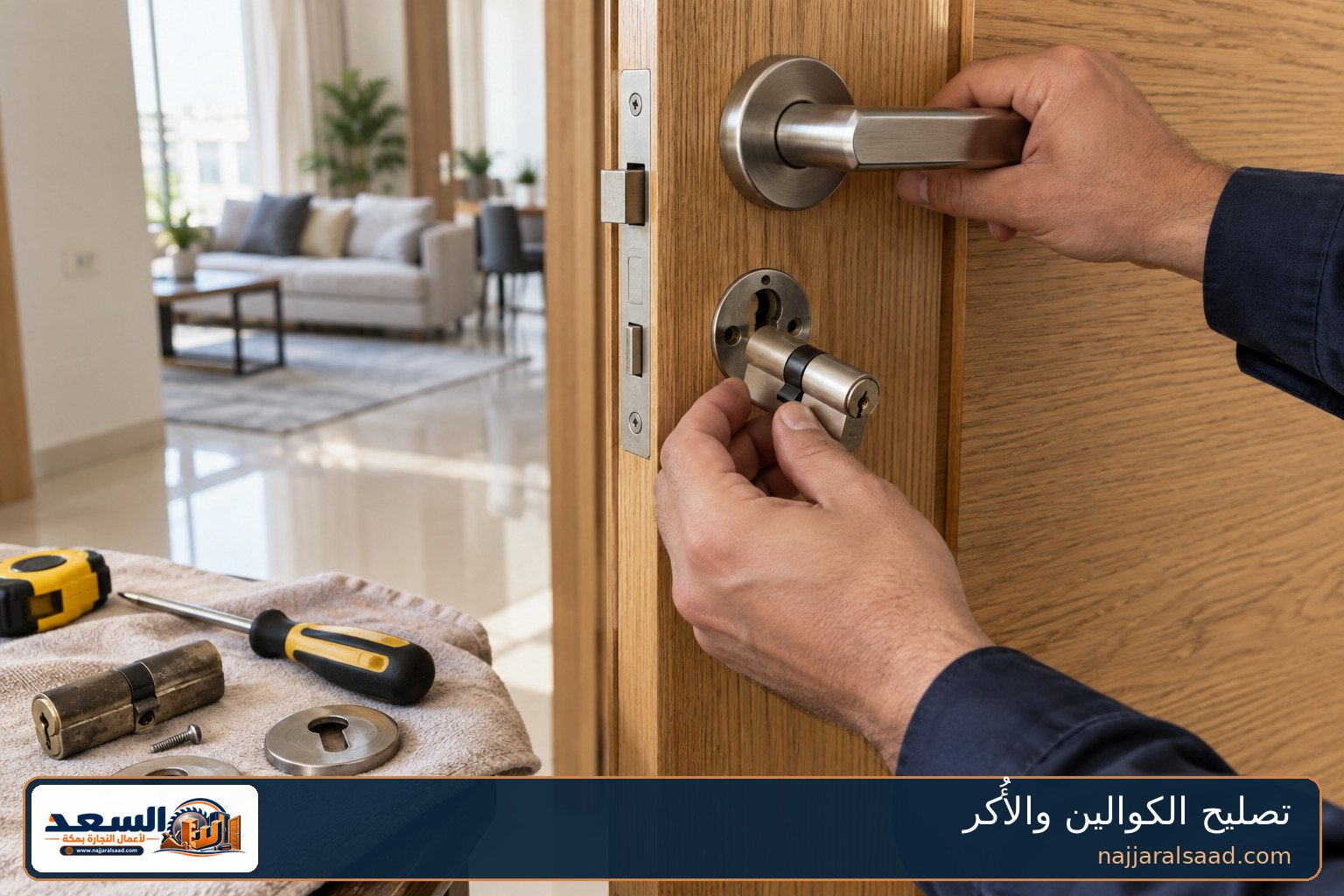 نجار بمكة يغير سلندر كالون باب خشبي ويصلح الأكرة - تصليح الكوالين والأكر