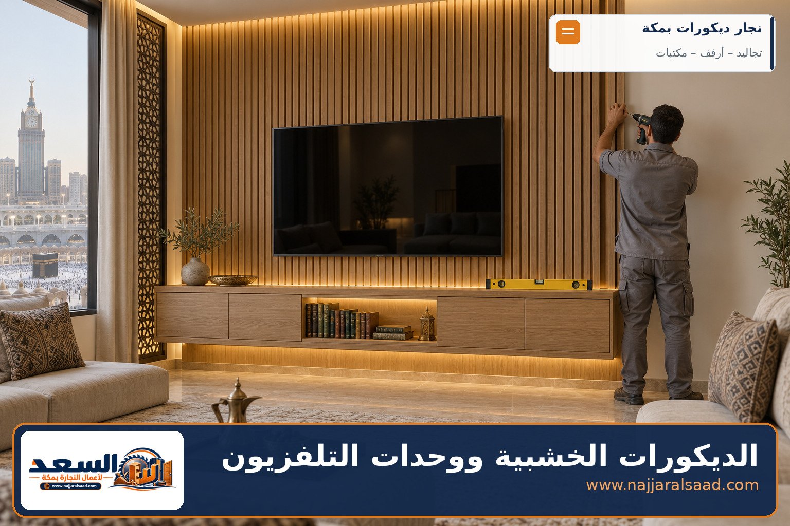 نجار بمكة يركّب وحدة تلفزيون معلقة وتجليد جدار بشرائح خشبية في مجلس - الديكورات الخشبية