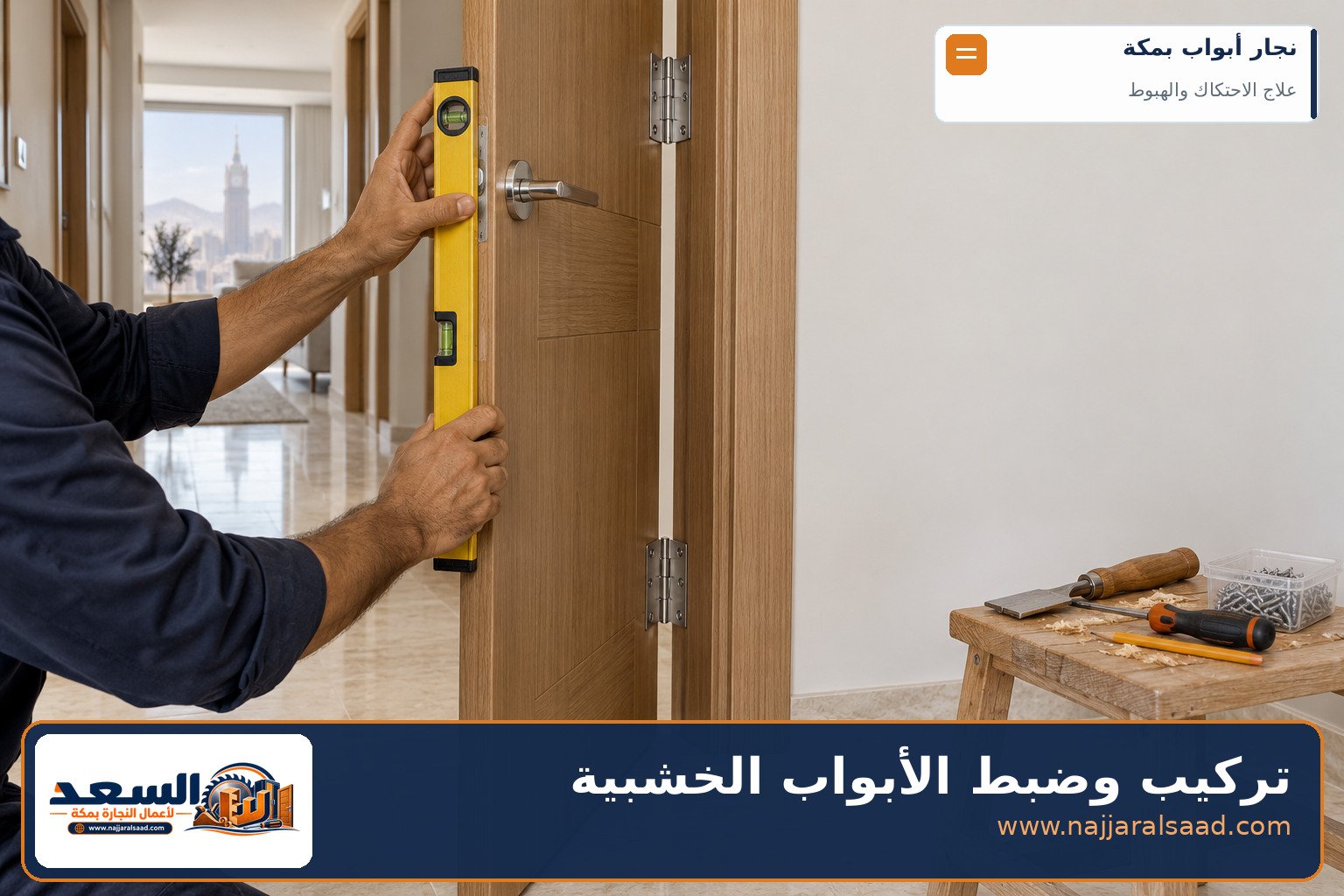 نجار بمكة يركّب باب غرفة خشبي ويضبط استقامته بالميزان داخل الحلق - تركيب الأبواب الخشبية