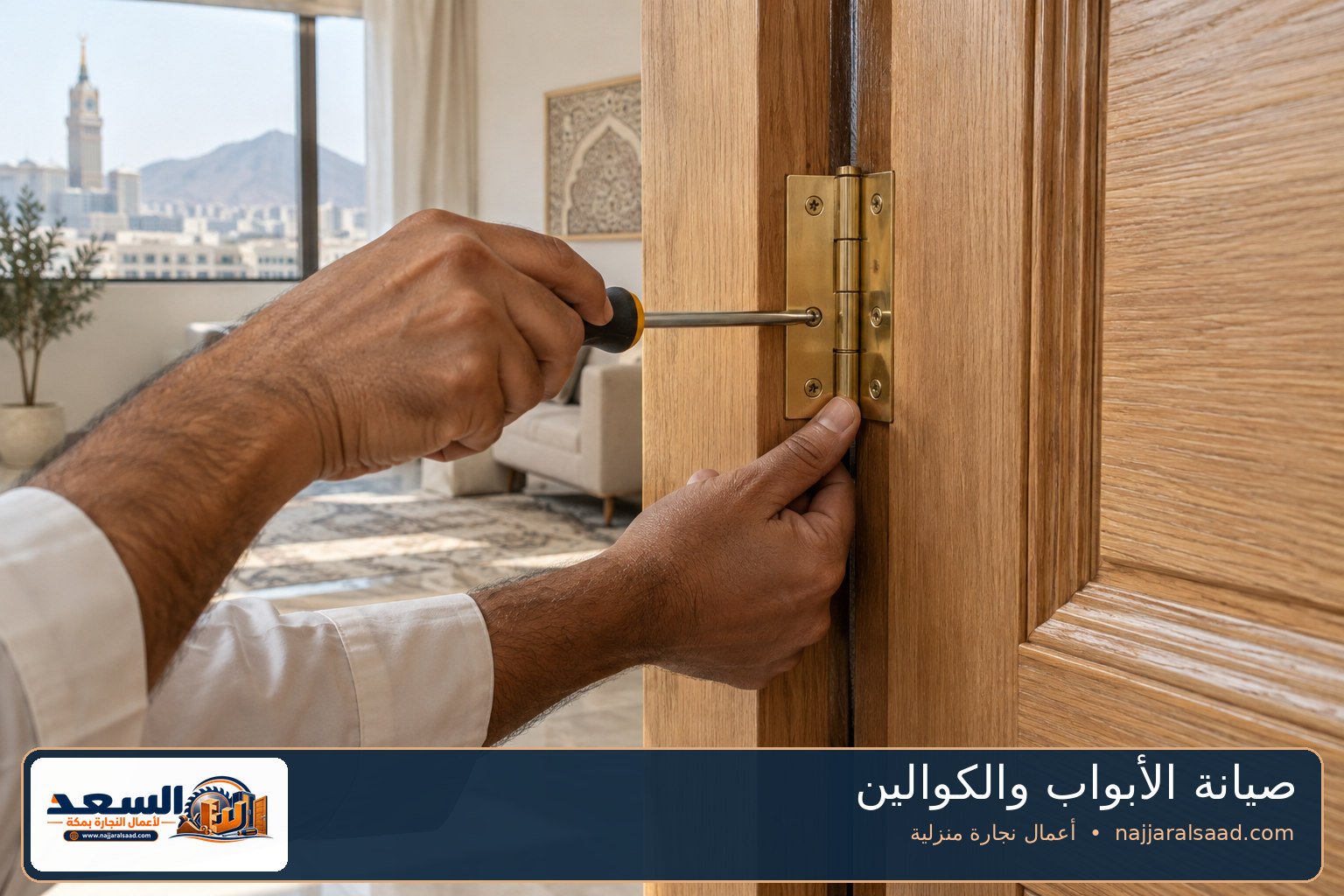 ضبط مفصلة باب خشبي ضمن أعمال صيانة الأبواب في مكة